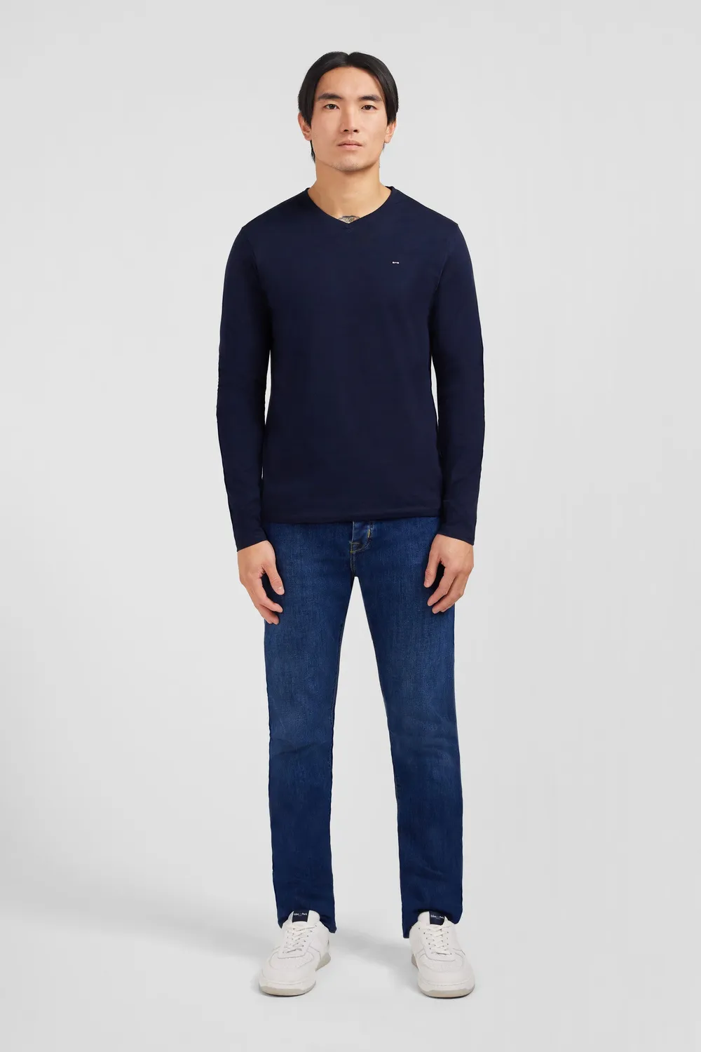 Eden Park t-shirt col V manches longues bleu marine Pima