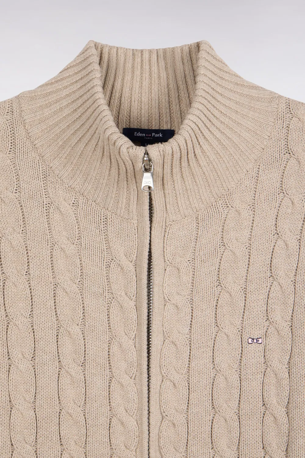 Eden Park cardigan torsades zippé coton beige coupe droite