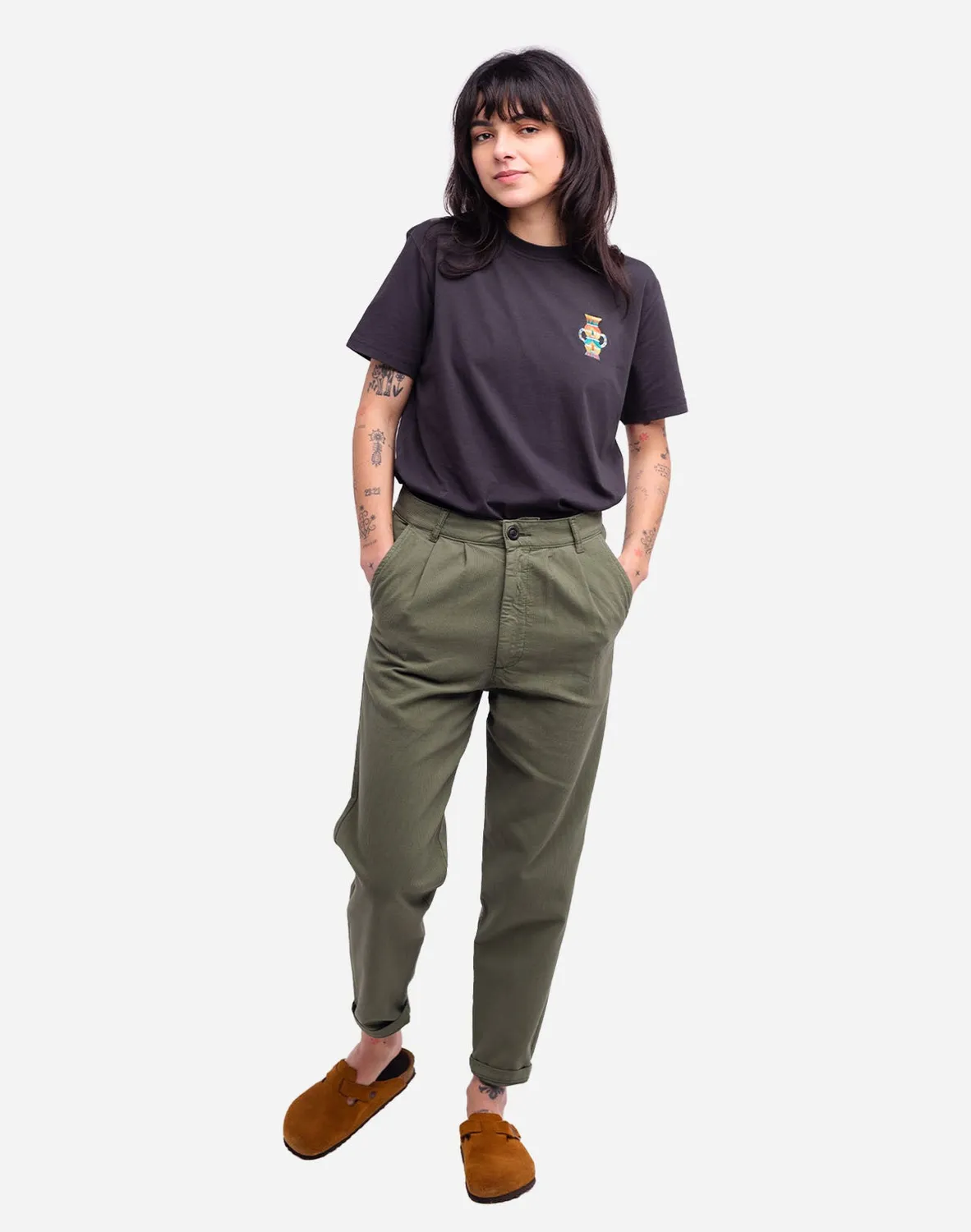 Olow Swing pantalon vert olive coton taille haute