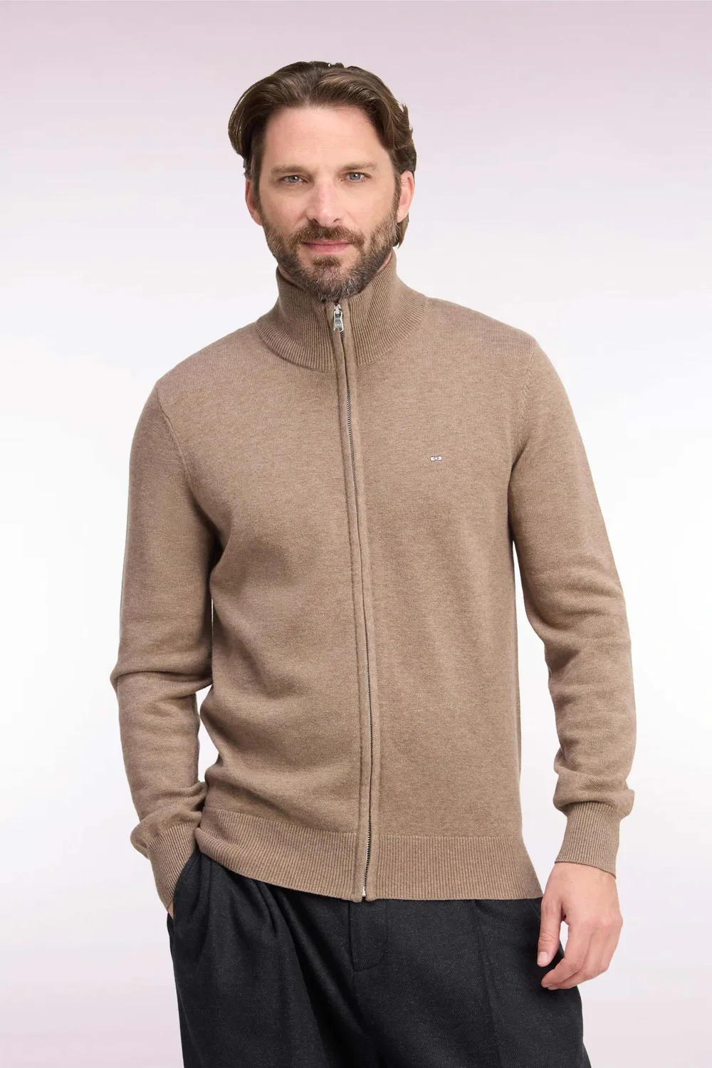 Eden Park cardigan zippé marron laine coton homme