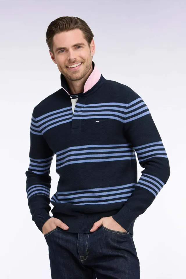 Eden Park Tricolore pull col maillot bleu marine coton