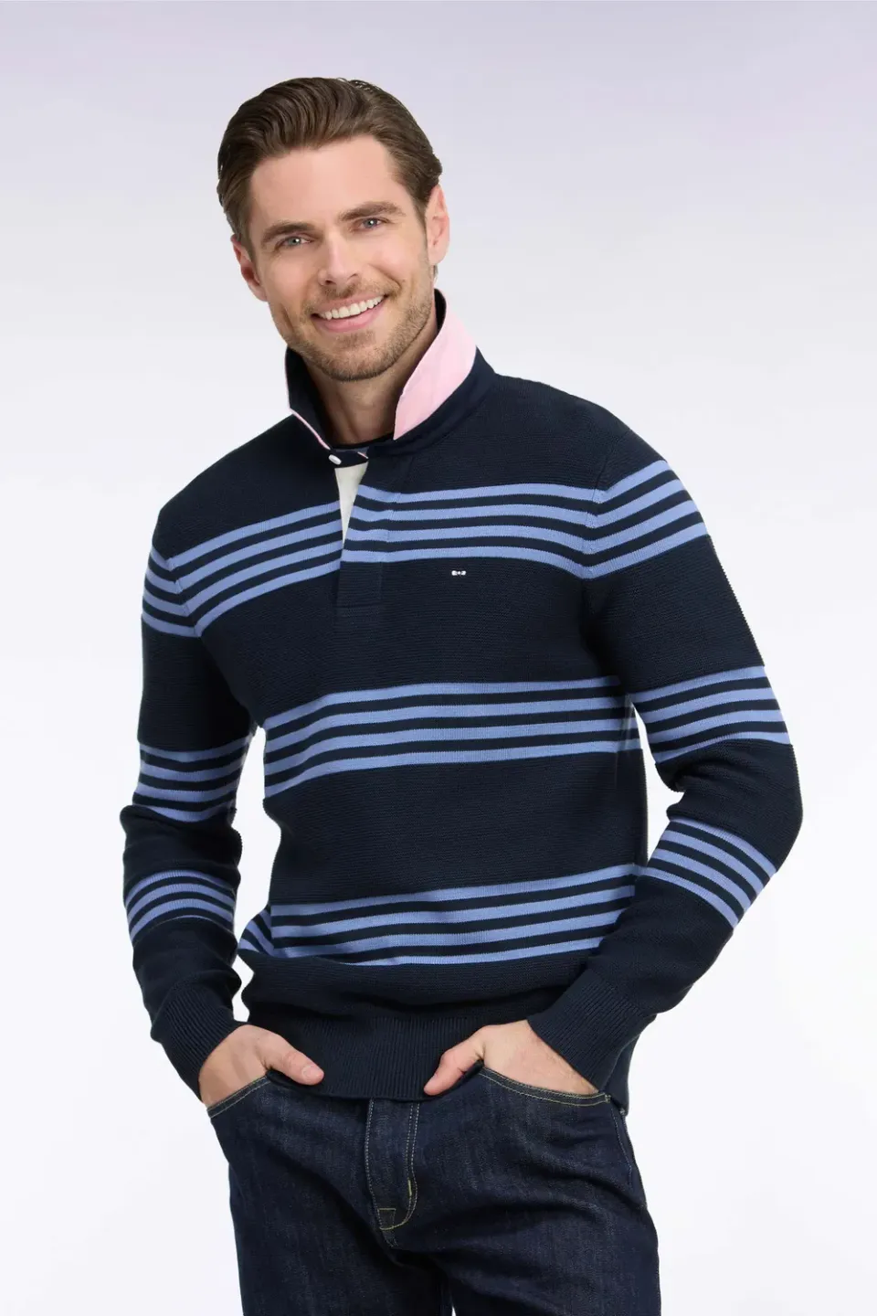 Eden Park Tricolore pull col maillot bleu marine coton