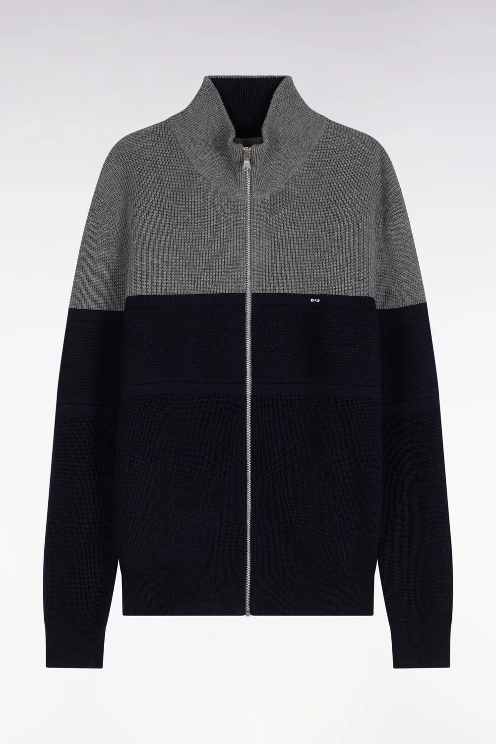 Eden Park cardigan zippé mérinos marine gris coupe droite