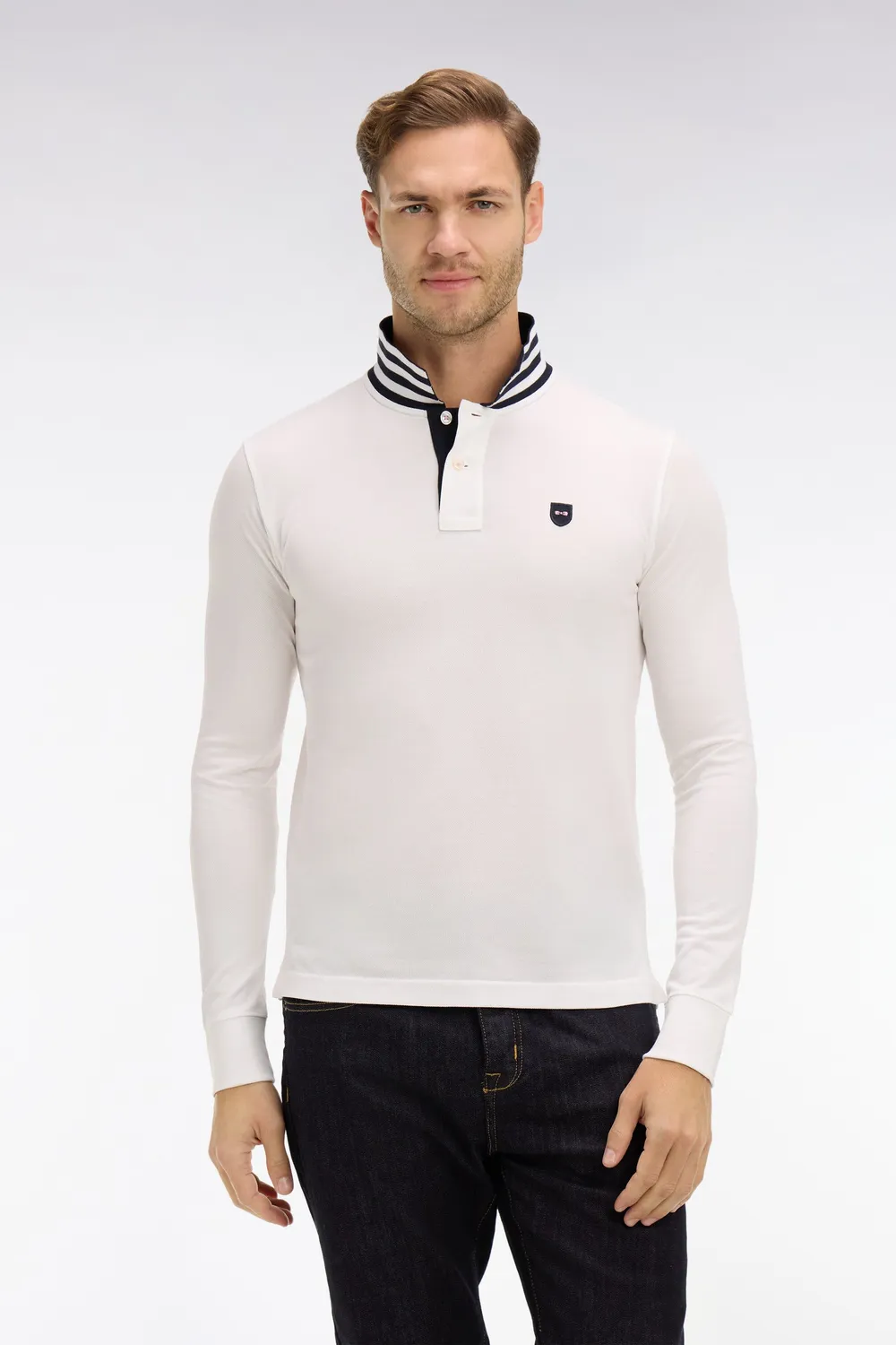 Eden Park polo manches longues blanc coton piqué col contrasté
