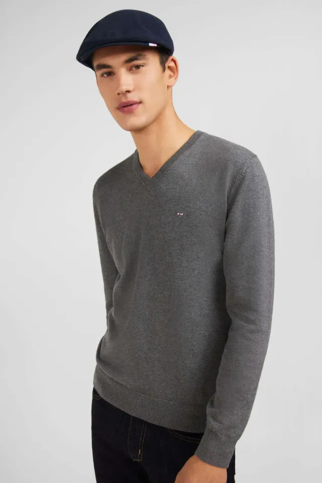 Eden Park pull col V coton homme gris regular fit