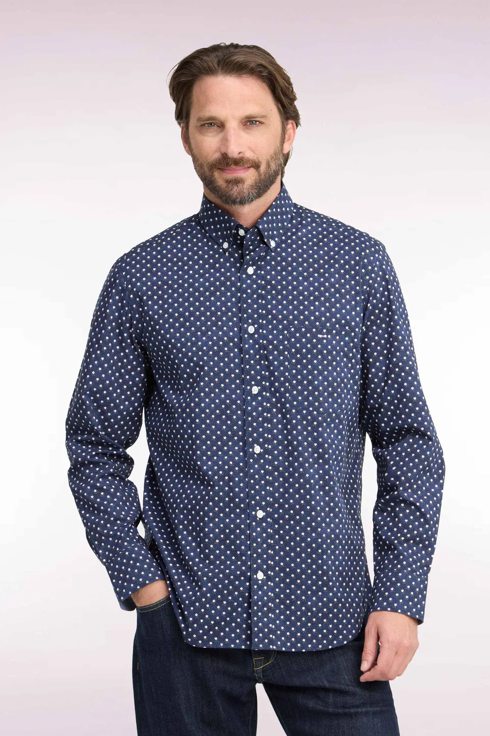Eden Park Club chemise coton marine fleurs blanches coupe droite