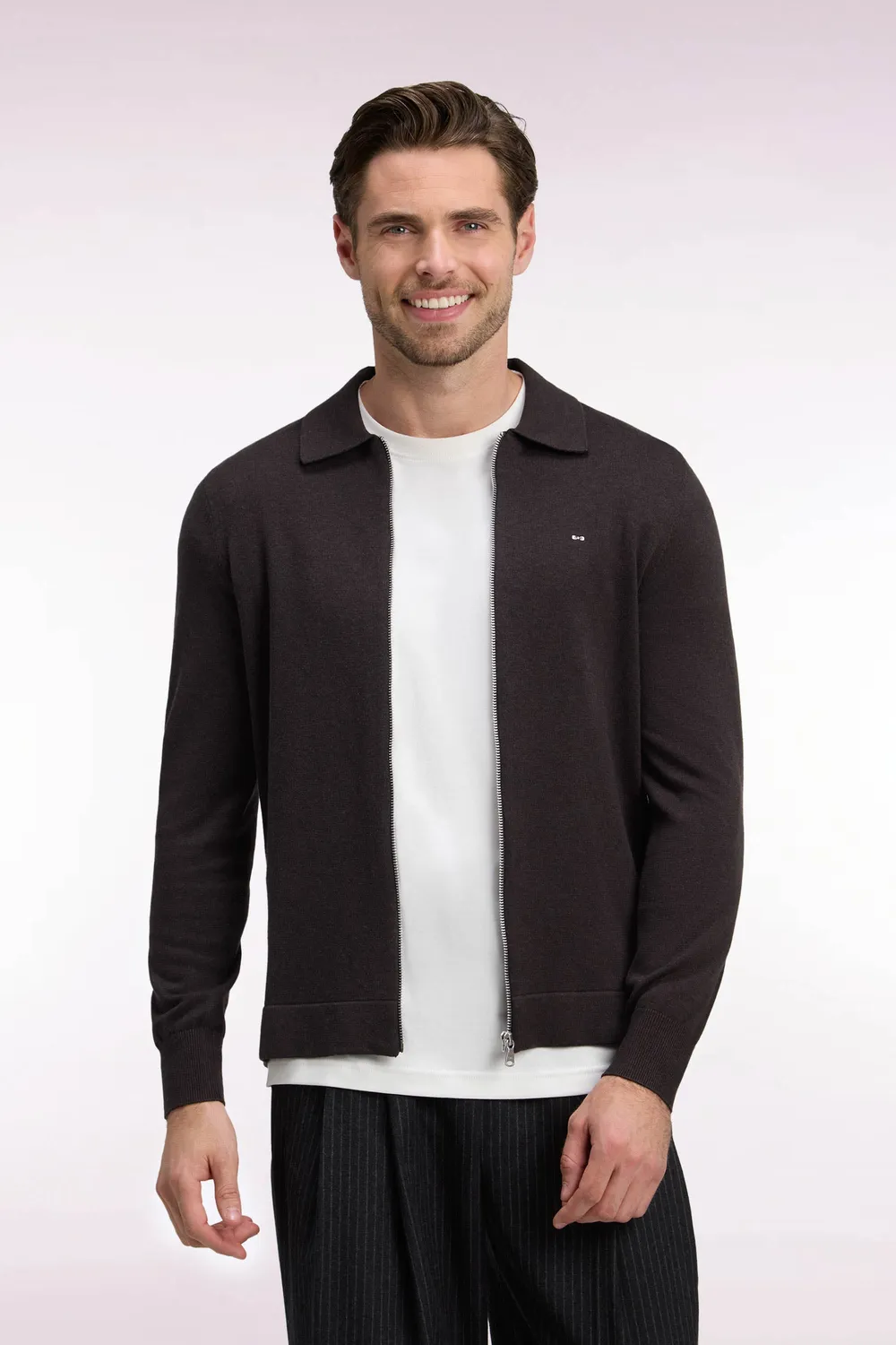 Eden Park cardigan zippé marron coton viscose droit