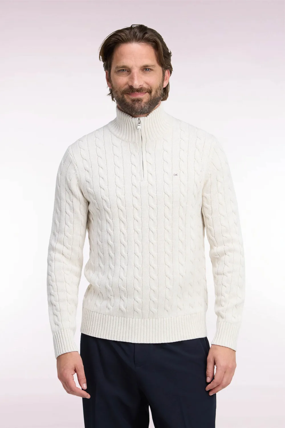 Eden Park pull torsades écru col camionneur zippé