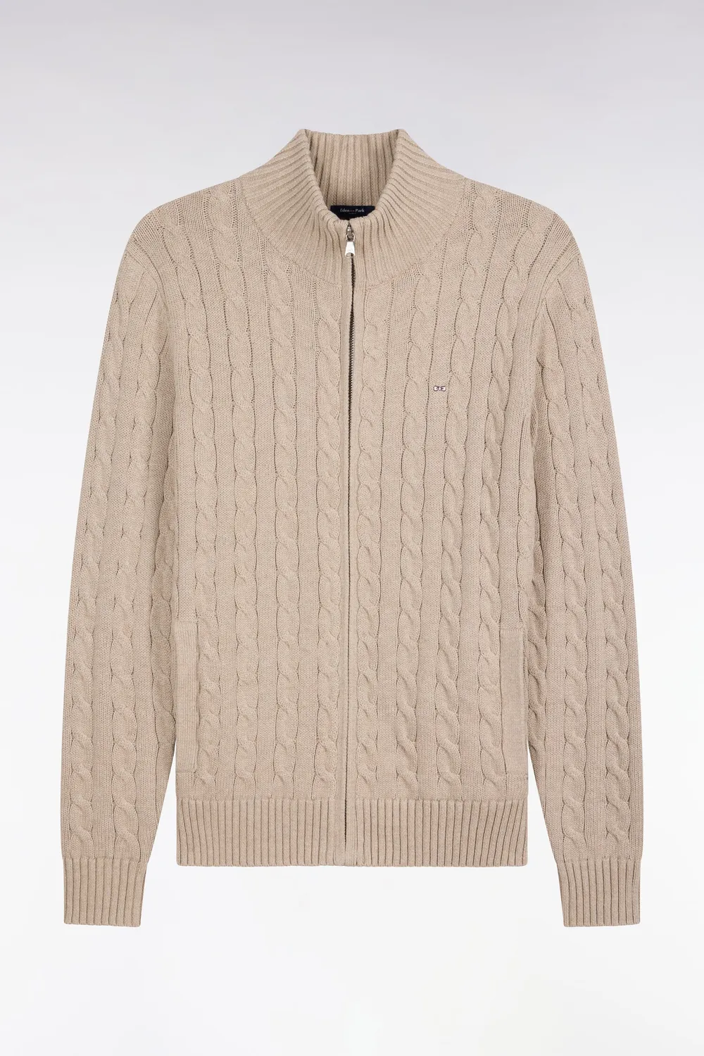 Eden Park cardigan torsades zippé coton beige coupe droite
