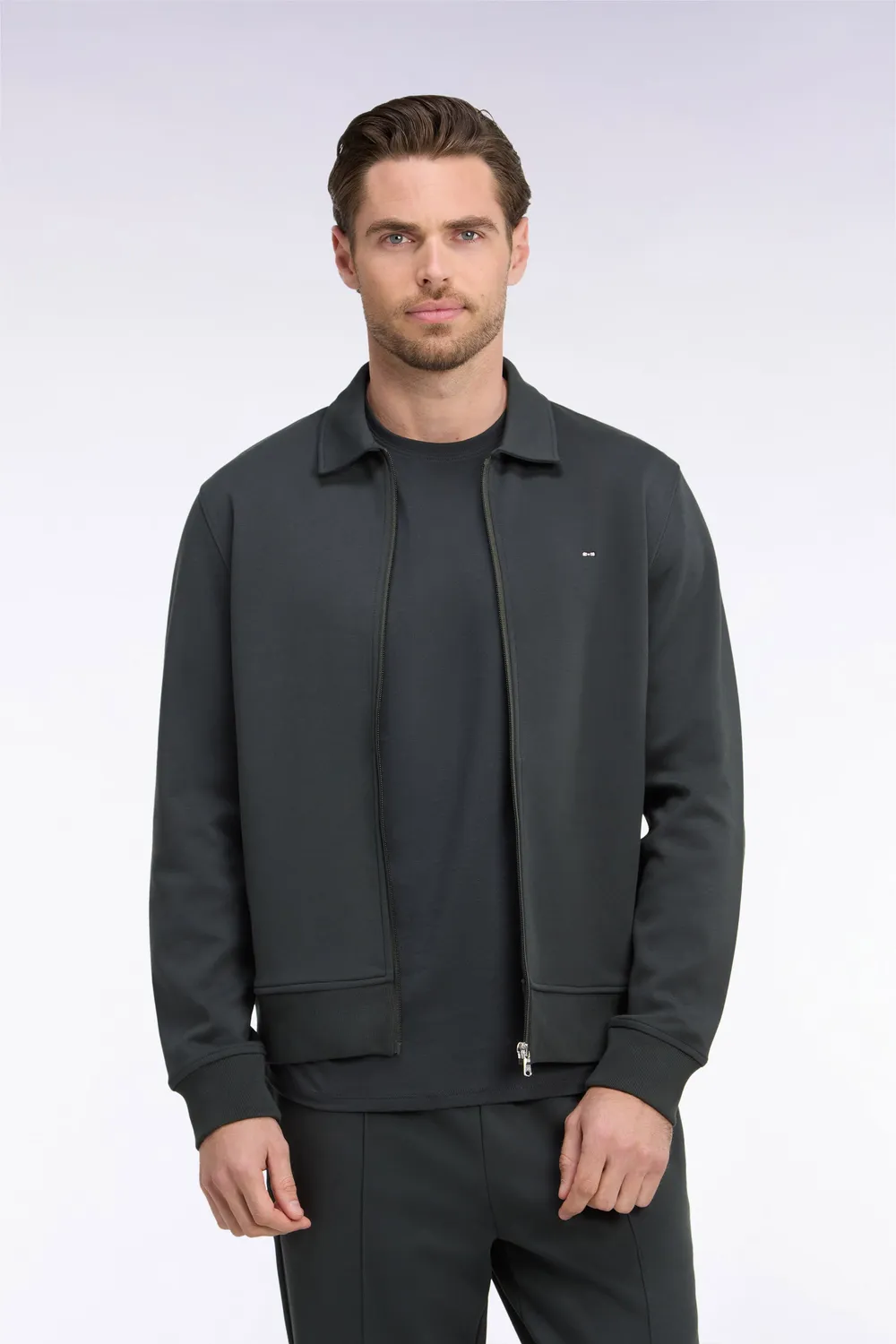 Eden Park sweat zippé col polo coton kaki coupe droite