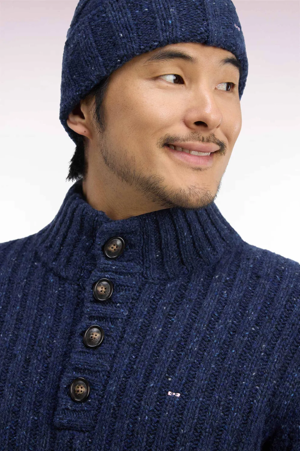 Eden Park pull col montant bleu chiné maille épaisse homme