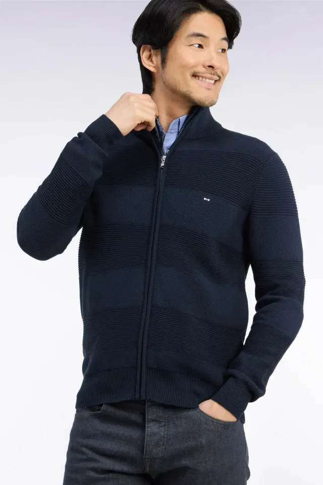 Eden Park cardigan zippé coton marine coupe droite