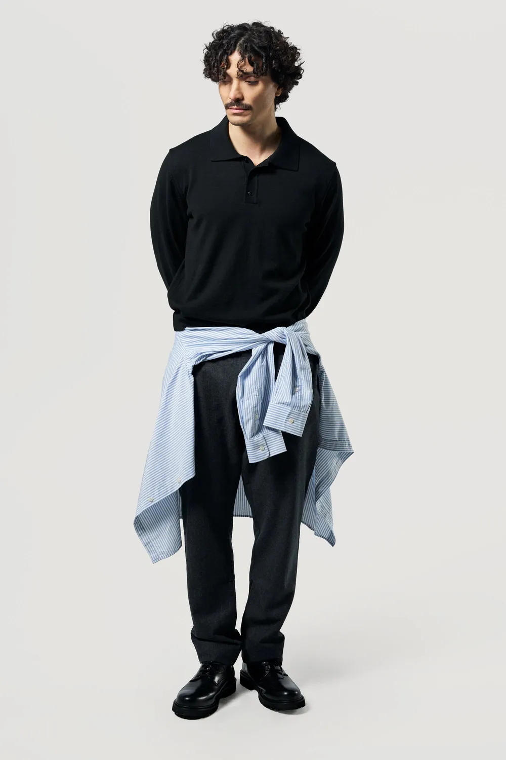 Loom pull col polo homme noir coton bio laine mérinos
