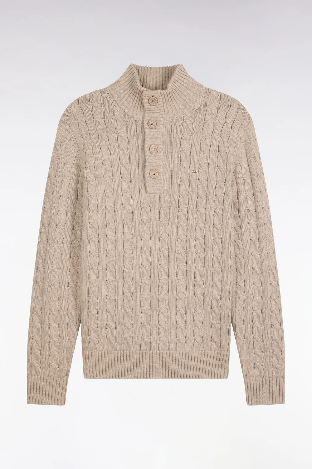 Eden Park pull homme beige torsades coton col boutonné droit