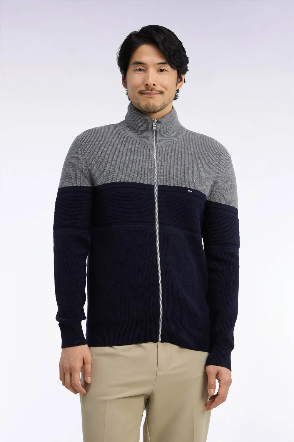 Eden Park cardigan zippé mérinos marine gris coupe droite