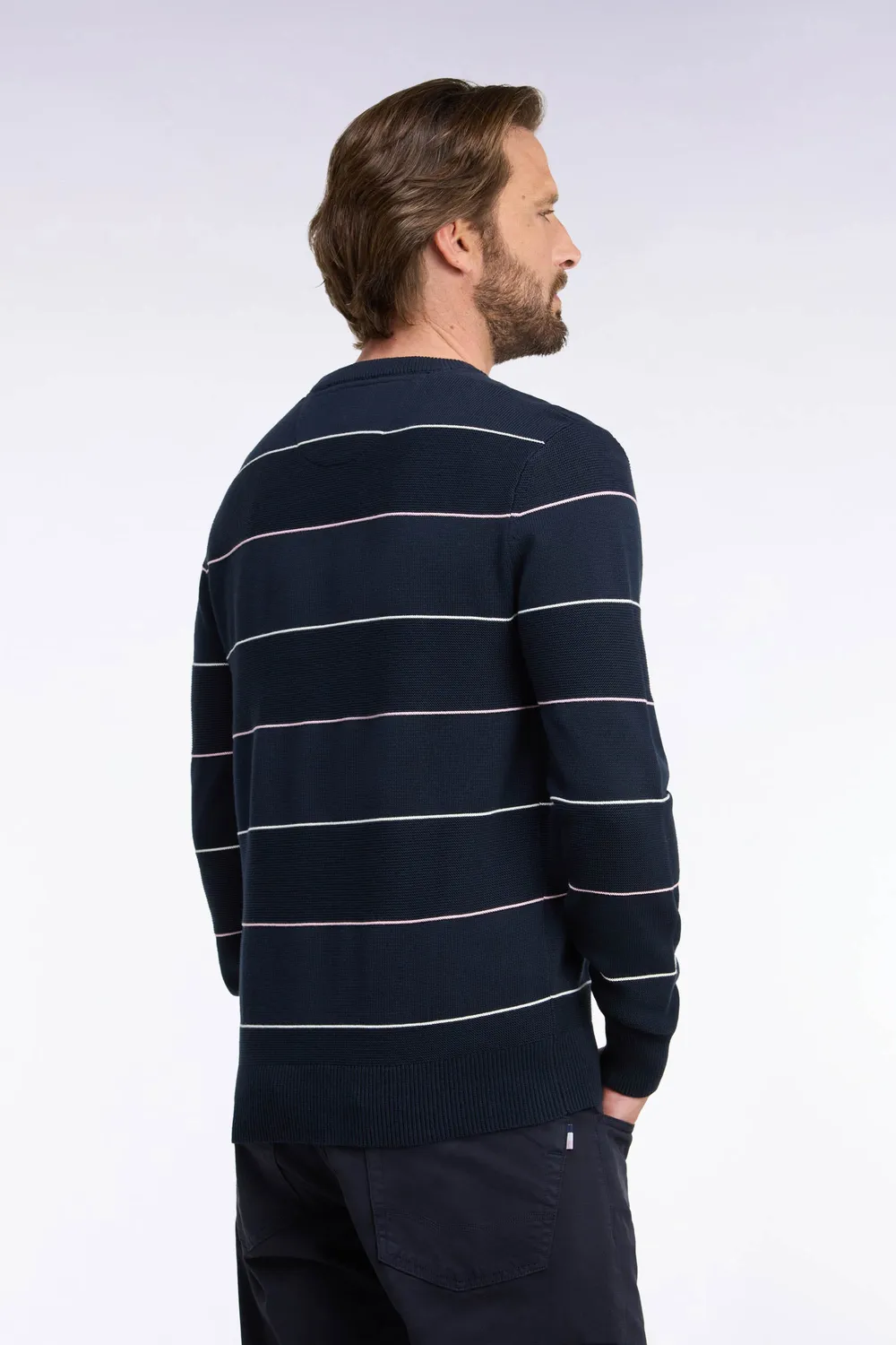 Eden Park pull col rond coton rayé marine coupe droite