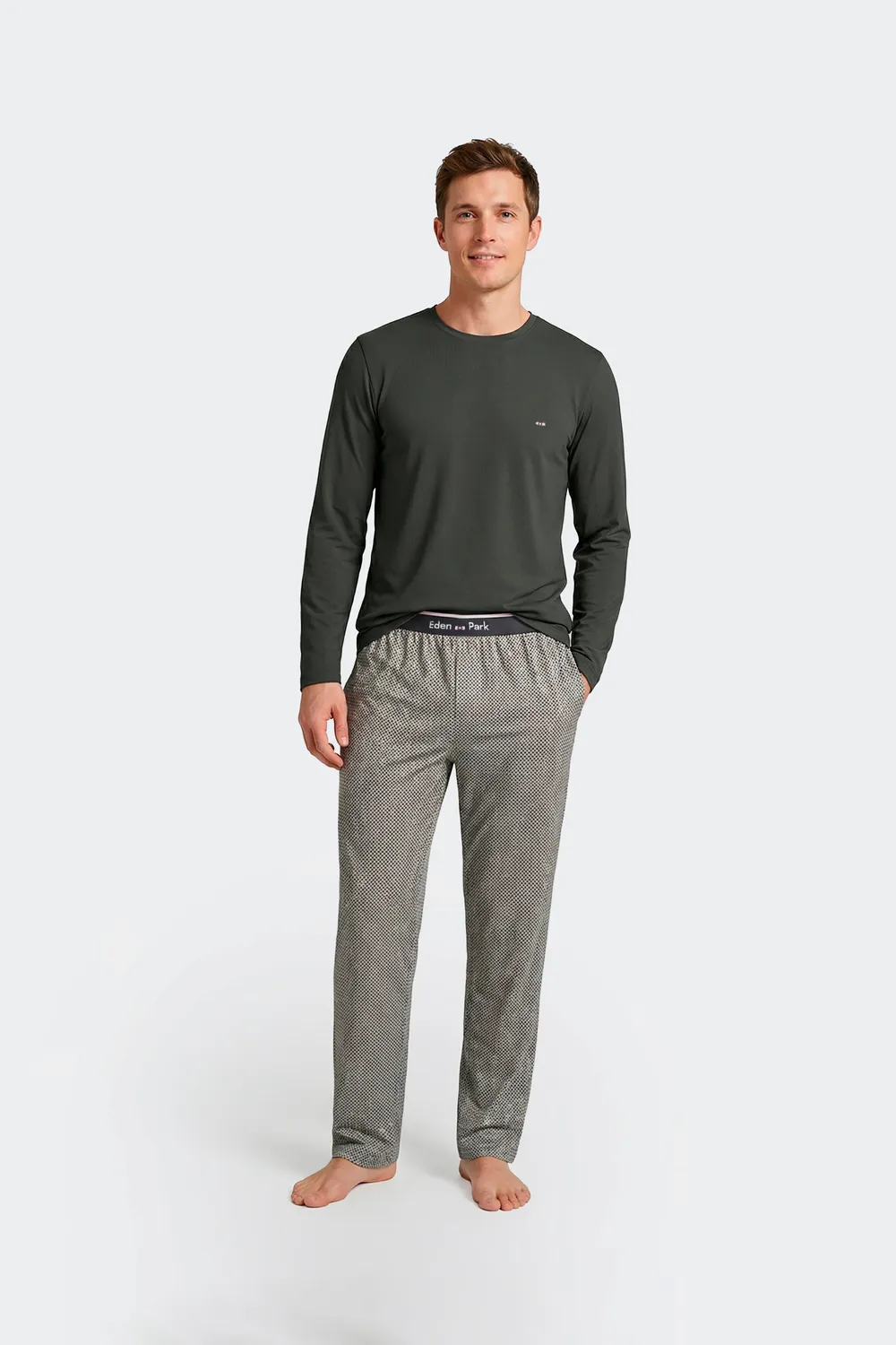 Eden Park pyjama long coton kaki pois homme 2 pièces