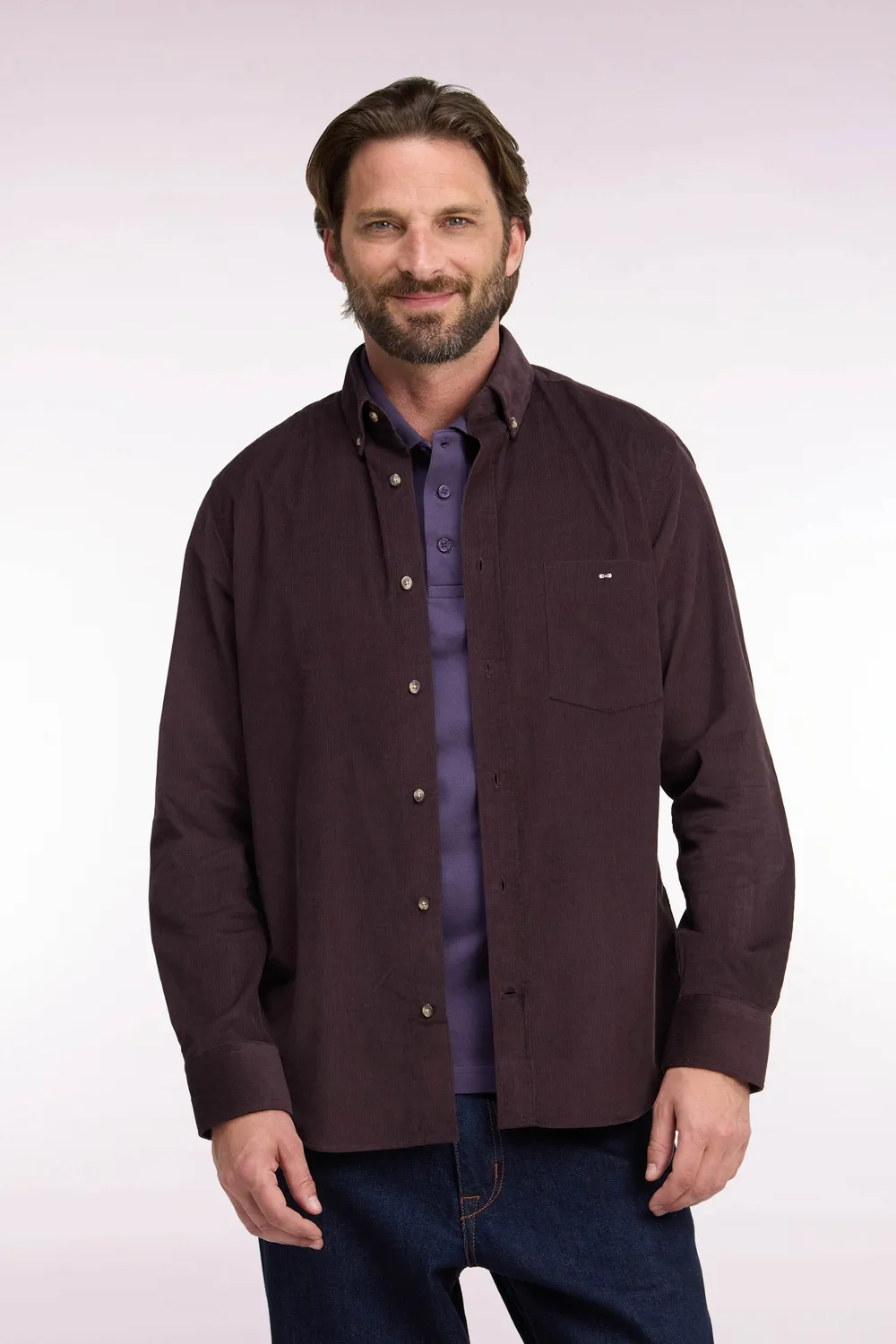 Eden Park chemise homme coton côtelé chocolat coupe droite