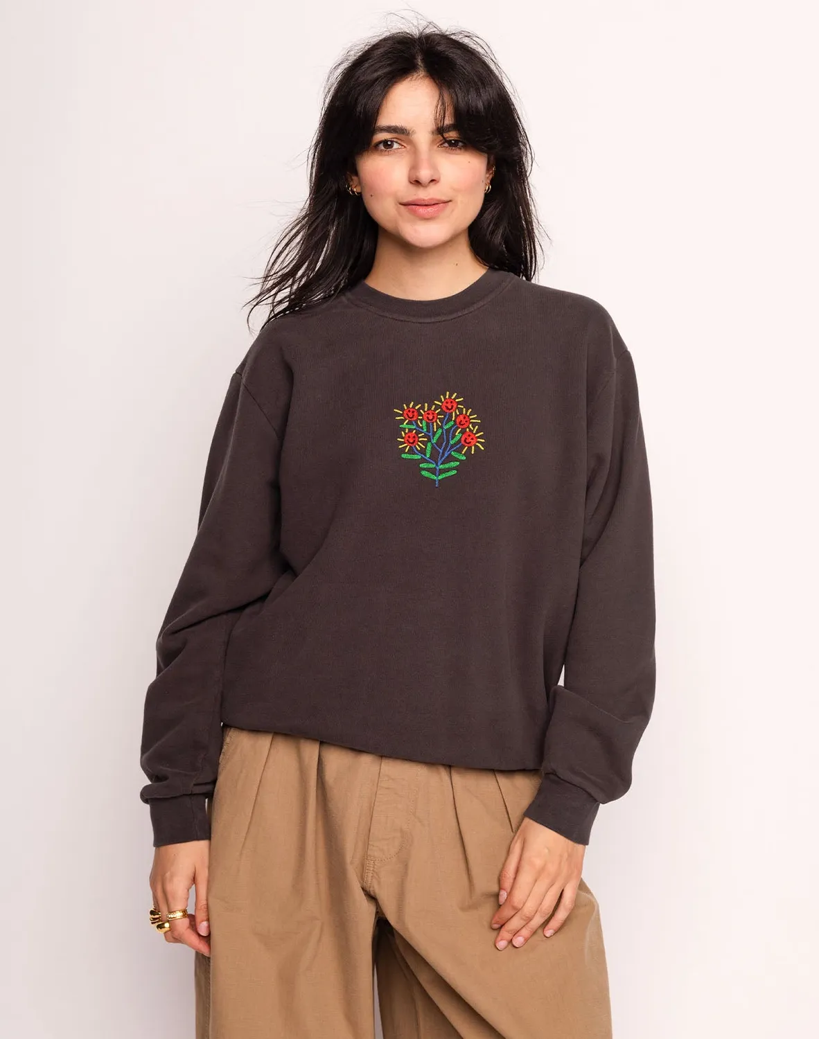 OLOW Happy Flower sweat noir carbone coton bio