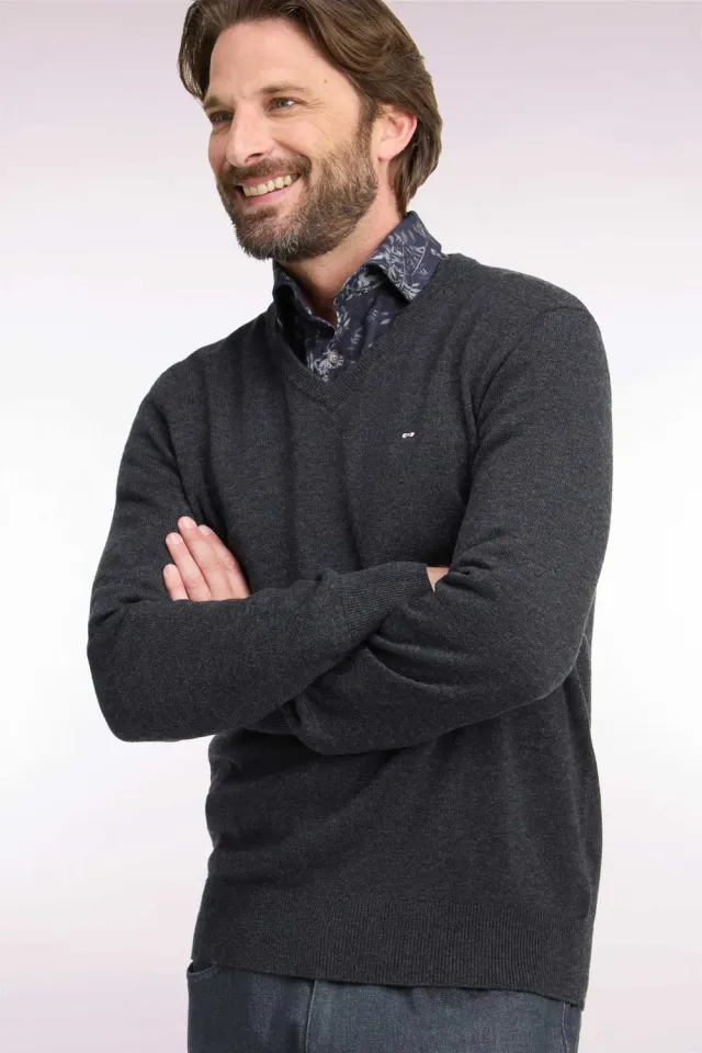 Eden Park pull col V laine coton gris foncé