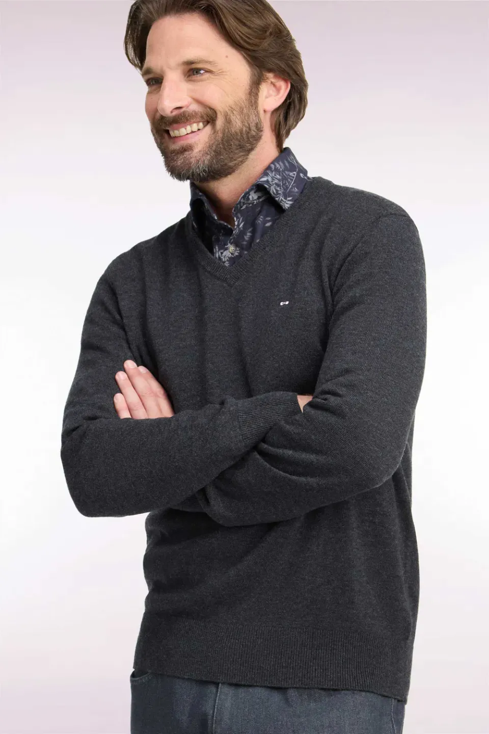 Eden Park pull col V laine coton gris foncé