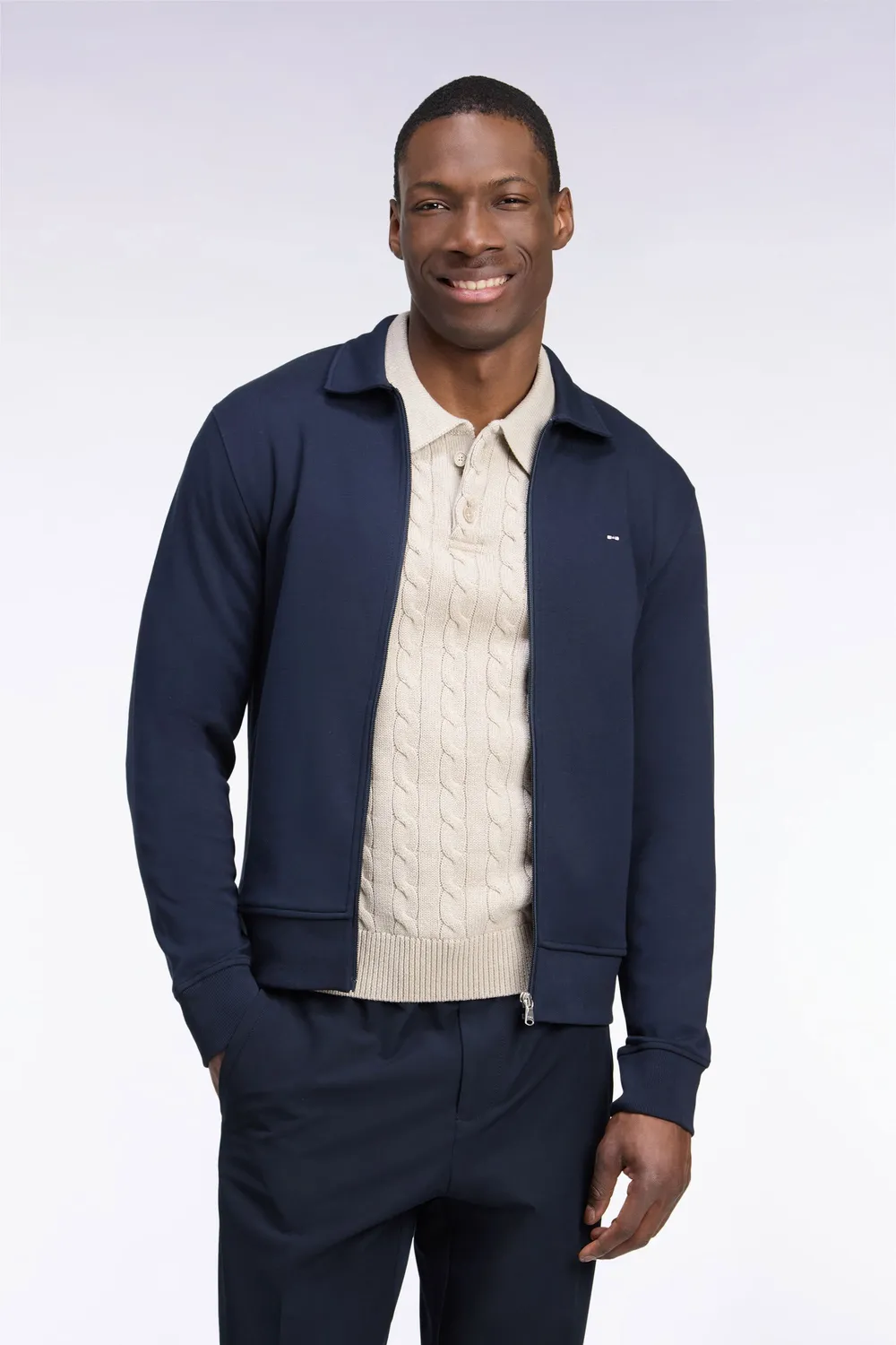 Eden Park sweat zippé col polo coton marine coupe droite