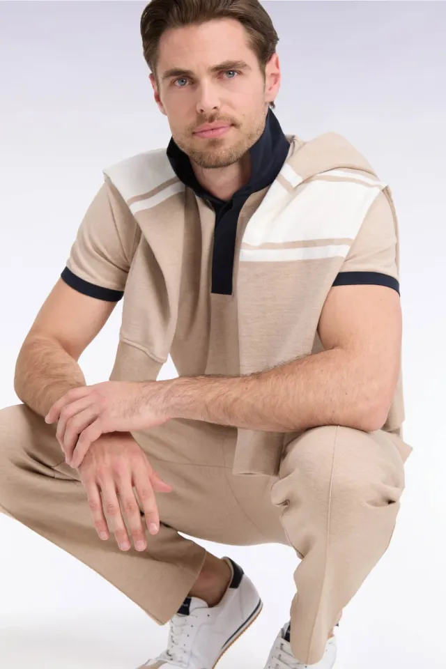 Eden Park polo coton beige marine manches courtes coupe droite