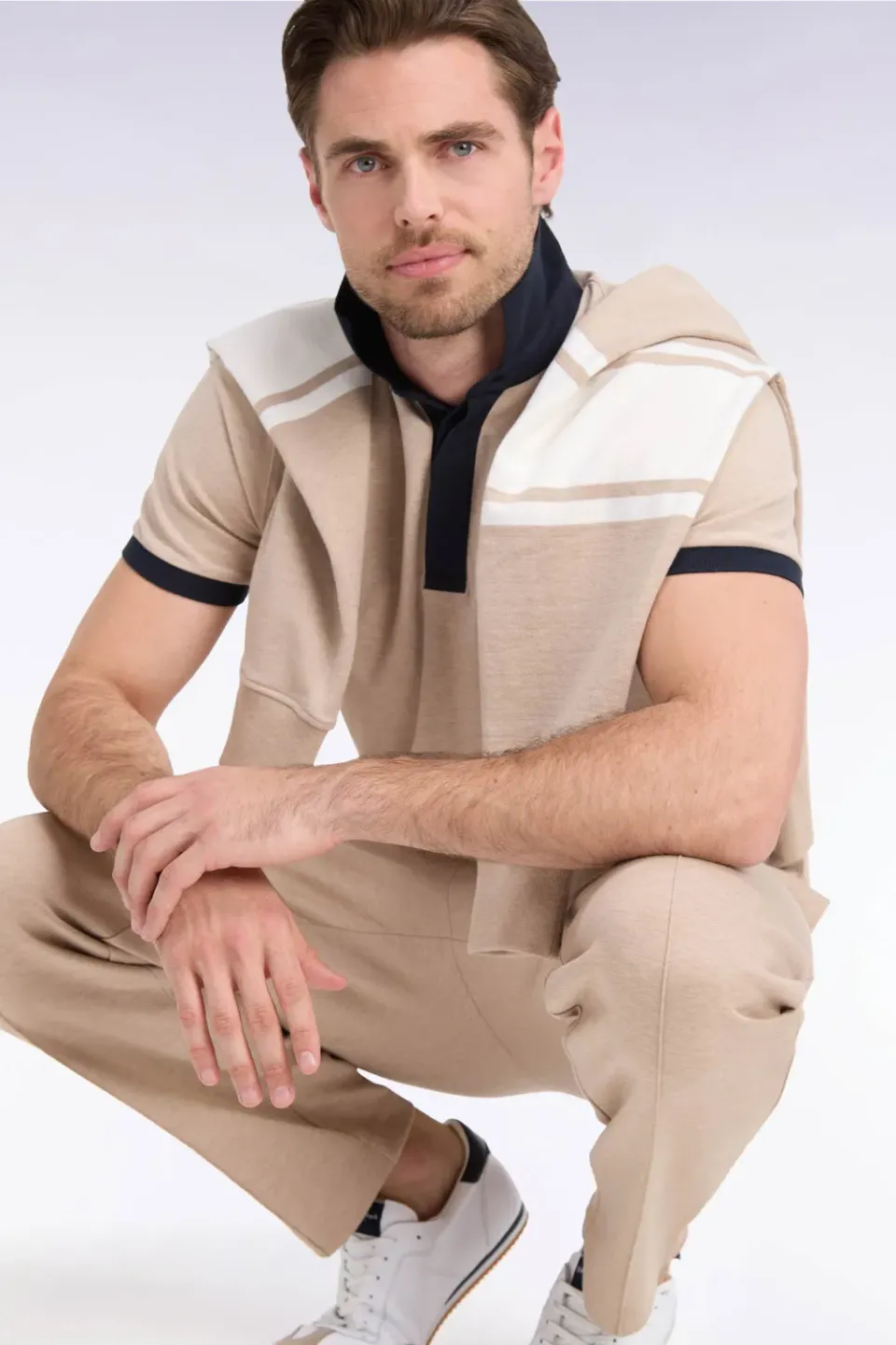 Eden Park polo coton beige marine manches courtes coupe droite