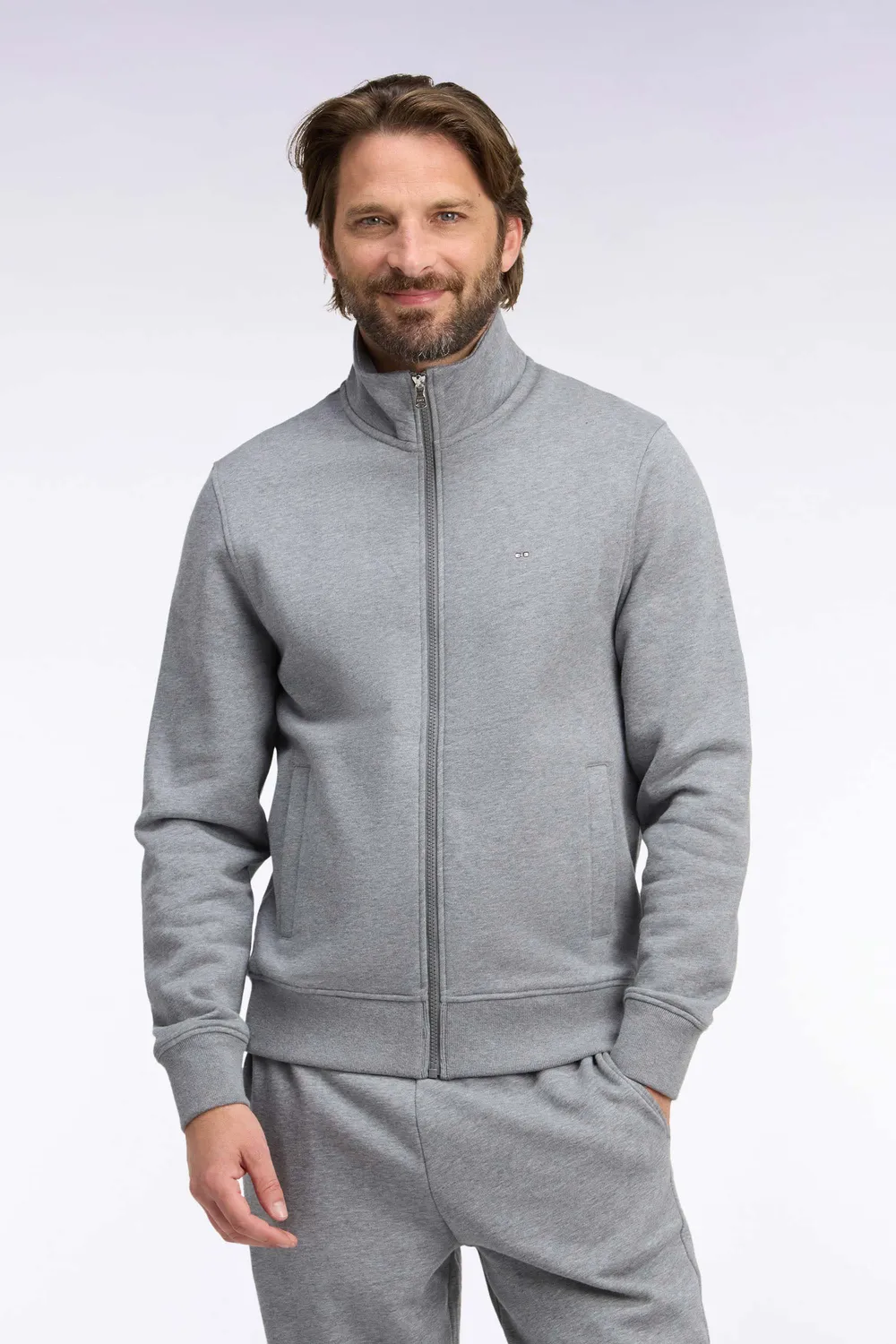 Eden Park sweat homme zippé gris coton col camionneur
