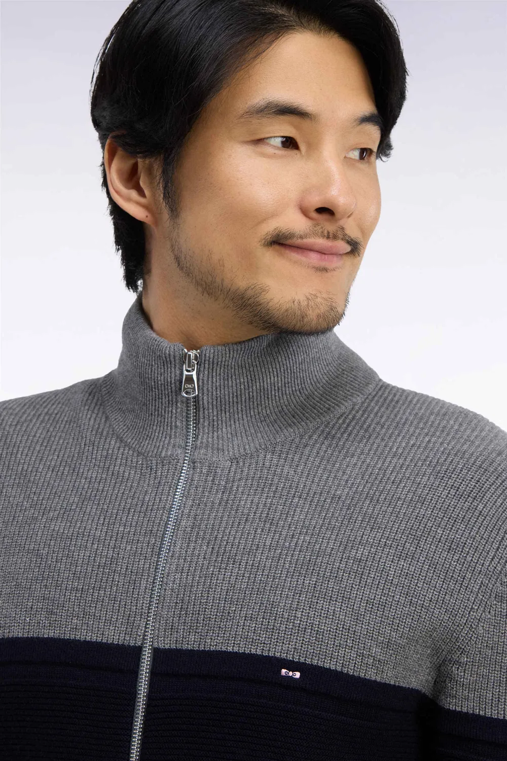 Eden Park cardigan zippé mérinos marine gris coupe droite