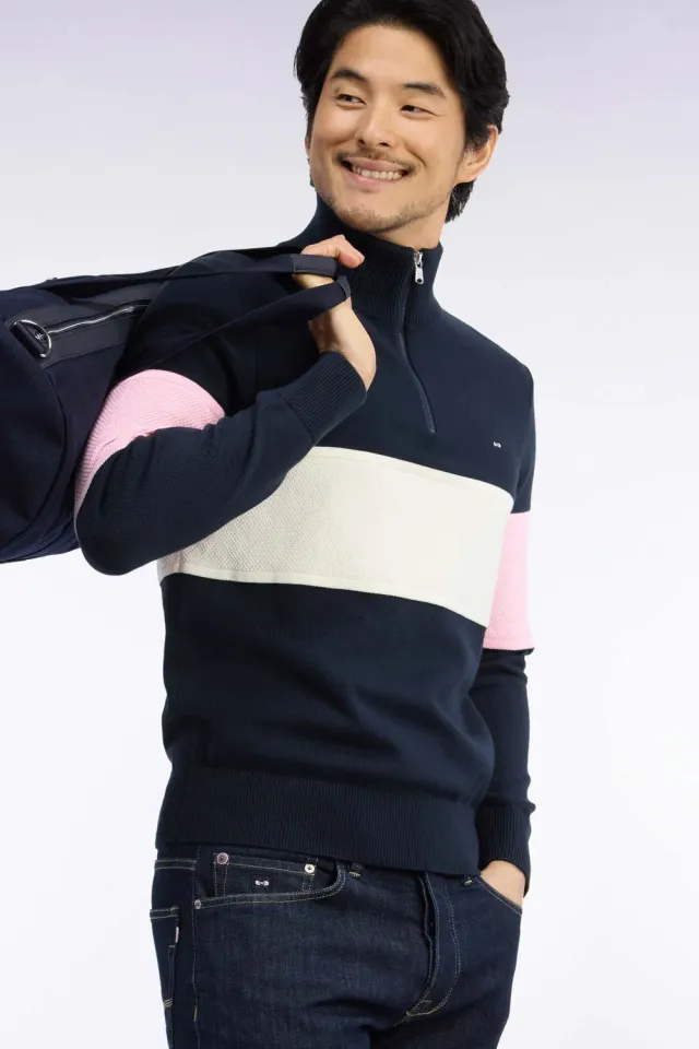 Eden Park Tricolore pull homme camionneur zippé marine coton