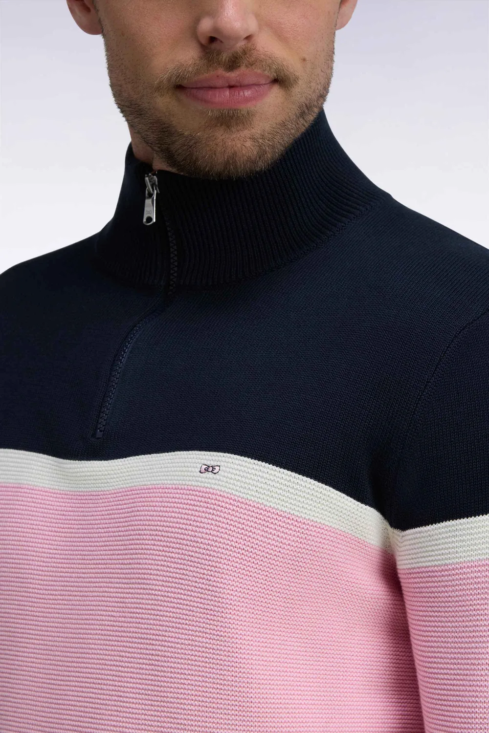 Eden Park Tricolore pull col camionneur marine coton coupe droite