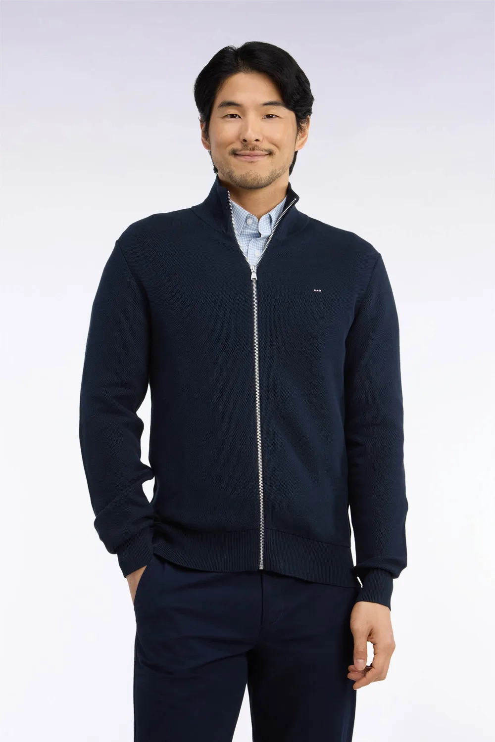 Eden Park Cardigan Zippé Coton Nid d'Abeille Marine Homme