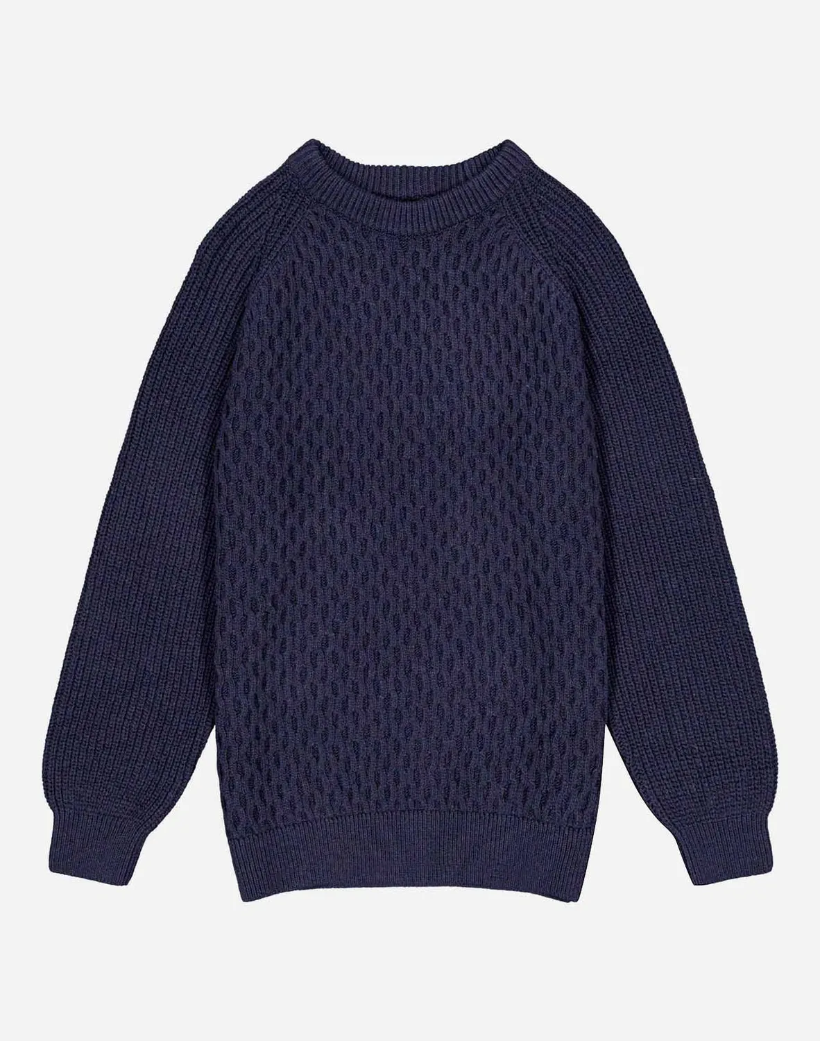 OLOW Peak Navy pull merinos maille torsadée