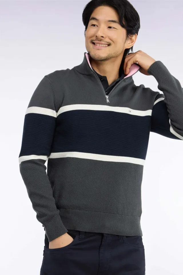 Eden Park Tricolore pull col camionneur kaki coton coupe droite