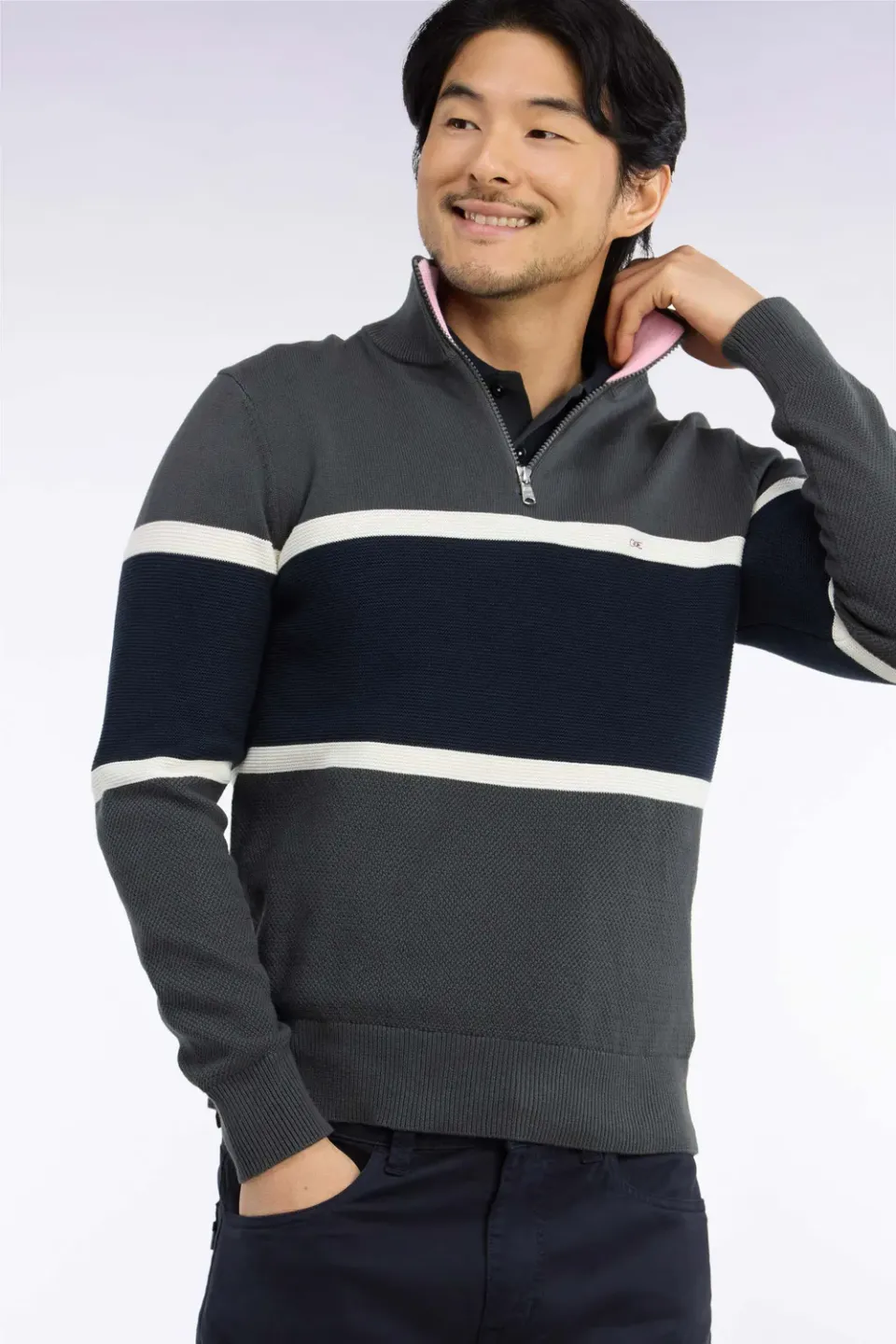 Eden Park Tricolore pull col camionneur kaki coton coupe droite