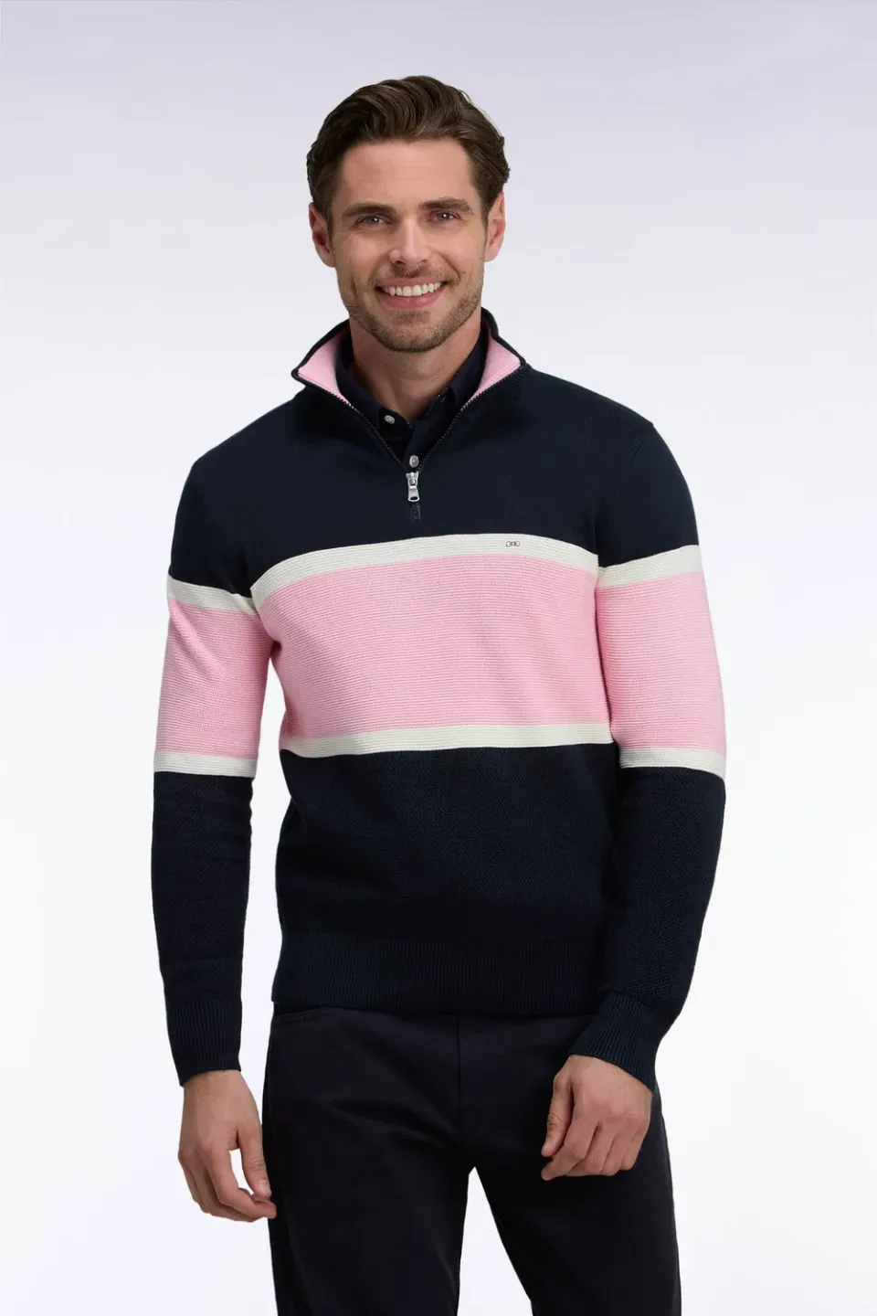 Eden Park Tricolore pull col camionneur marine coton coupe droite