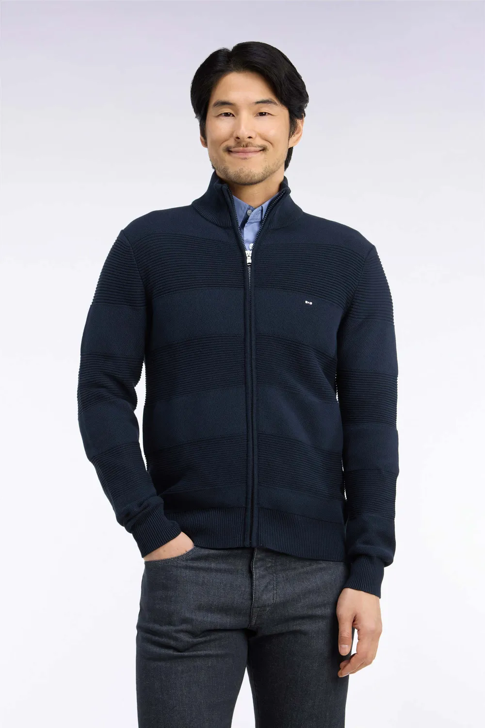 Eden Park cardigan zippé coton marine coupe droite