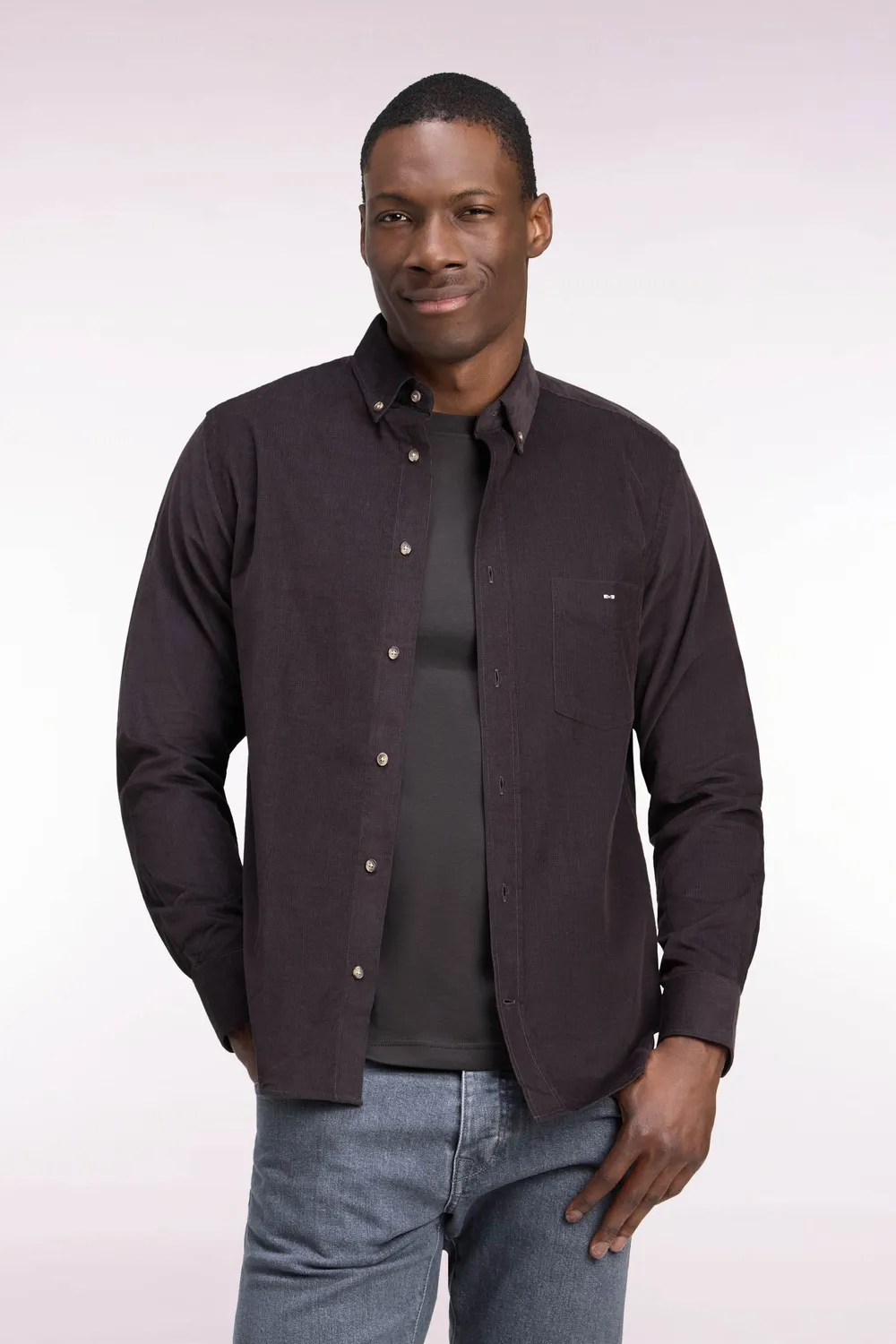Eden Park chemise homme coton côtelé marron coupe droite