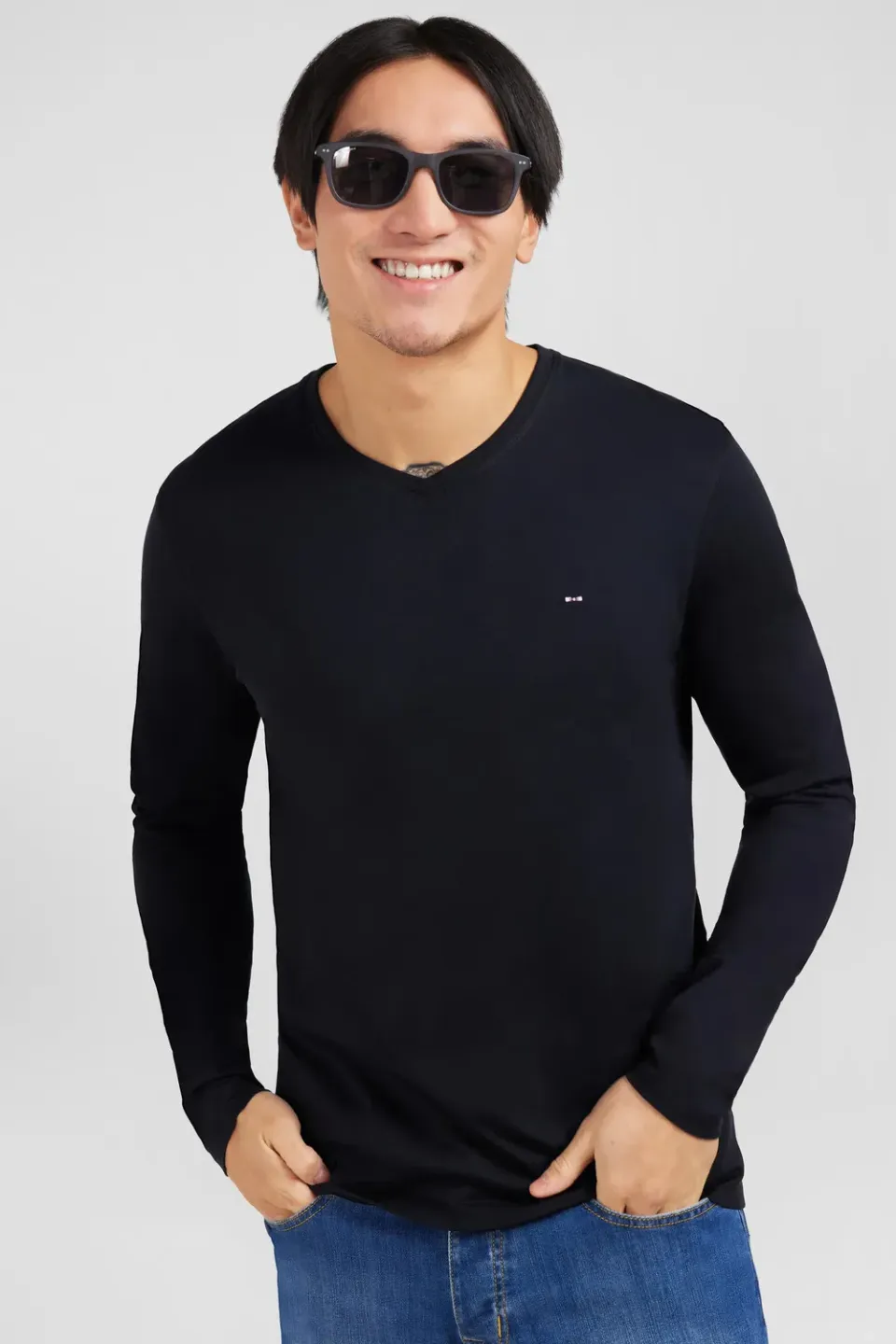 Eden Park t-shirt col V noir manches longues pima