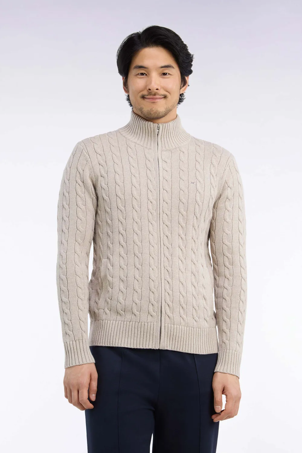 Eden Park cardigan torsades zippé coton beige coupe droite