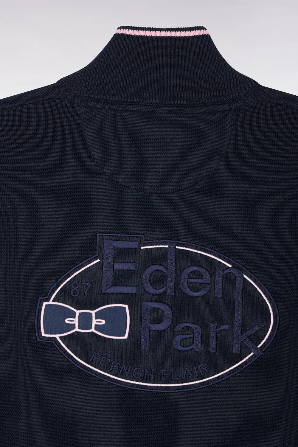 Eden Park cardigan jersey coton marine zippé broderie dos
