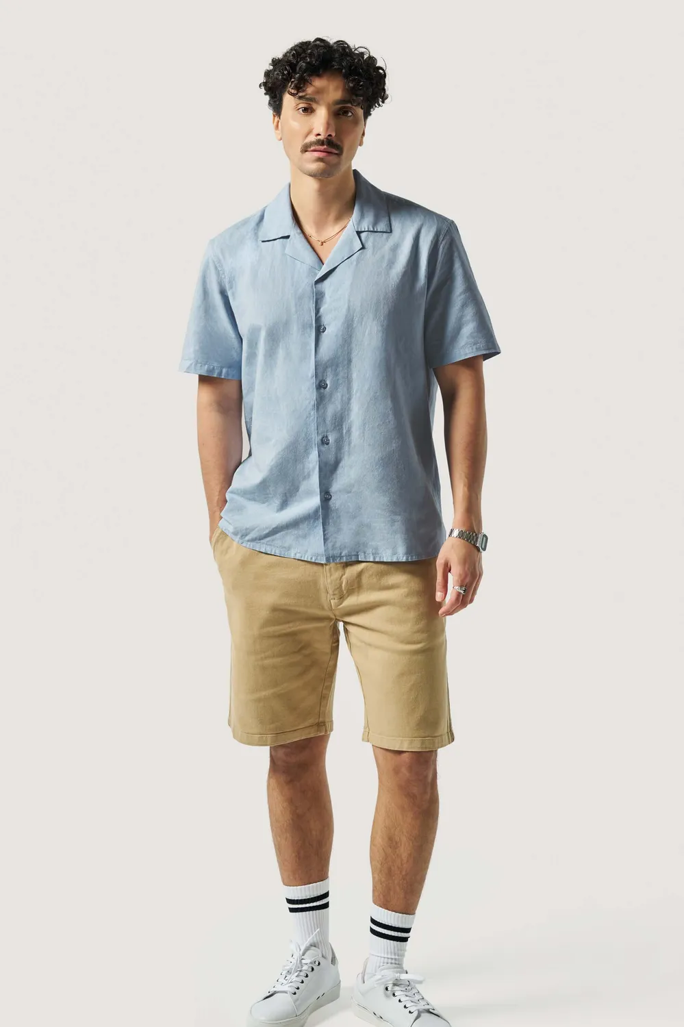 Loom chemise manches courtes coton lin bleu clair