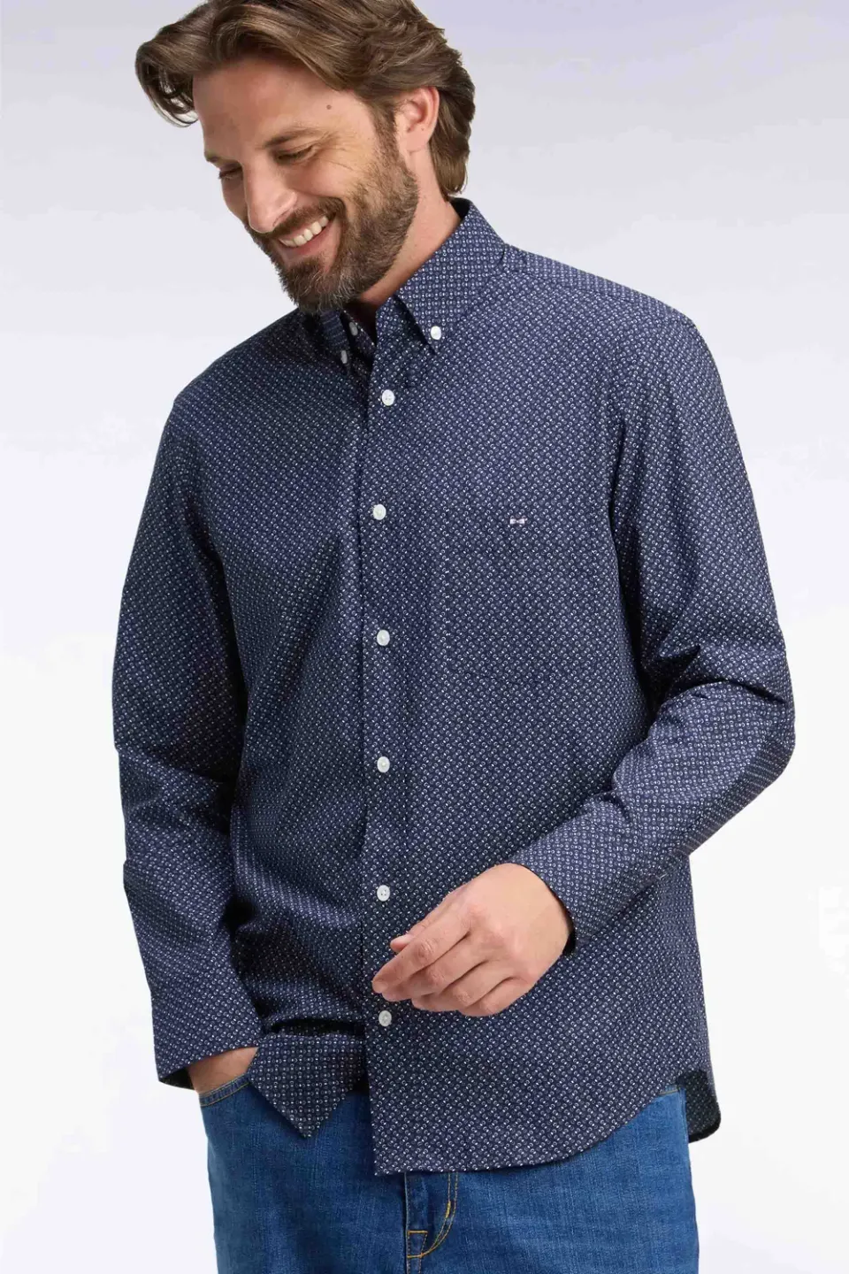 Eden Park chemise popeline coton marine micromotifs papillon