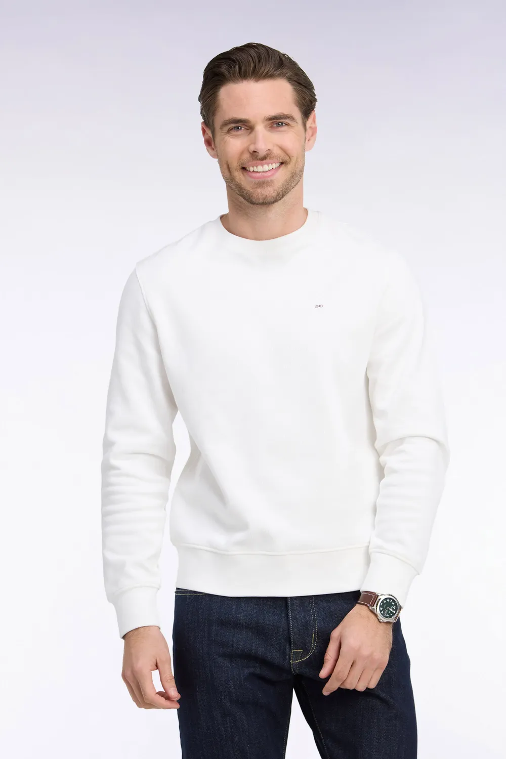 Eden Park sweat col rond ecru molleton coton coupe droite