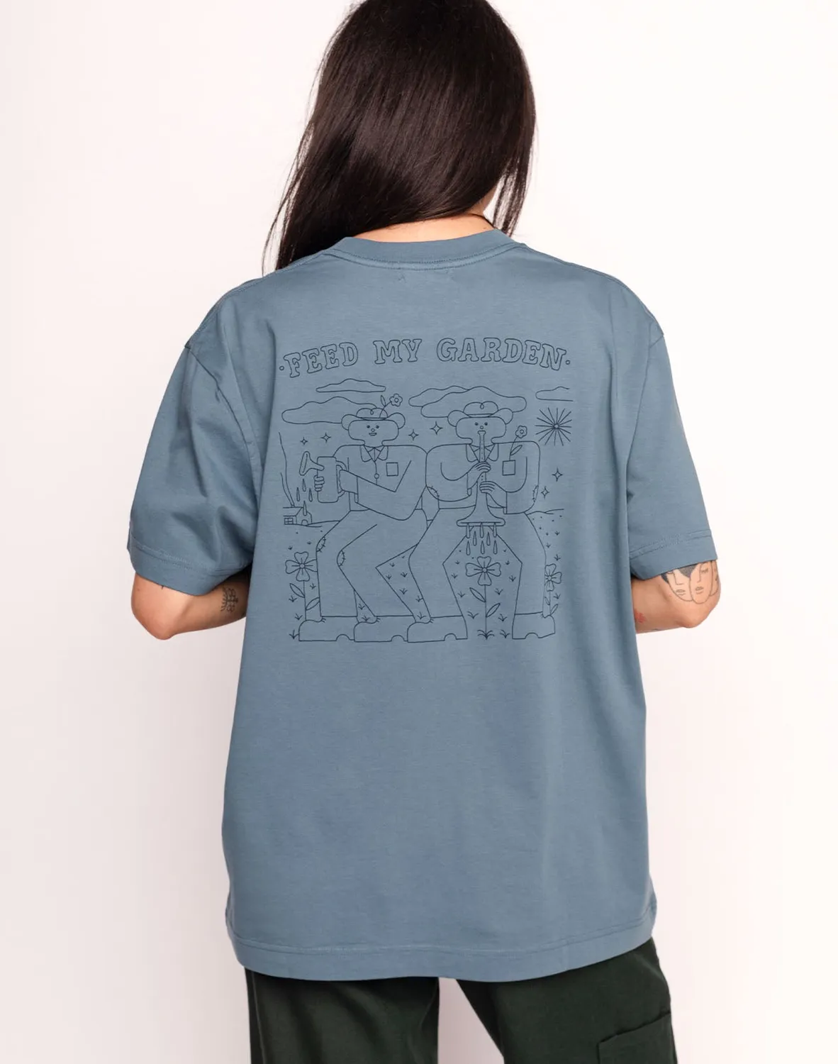 OLOW Feed My Garden t-shirt bleu acier coton bio ample