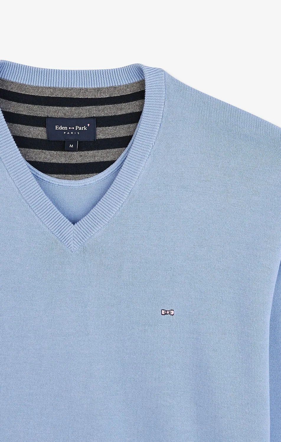 Eden Park Pull Col V Coton Bleu Logo Rose Coupe Regular