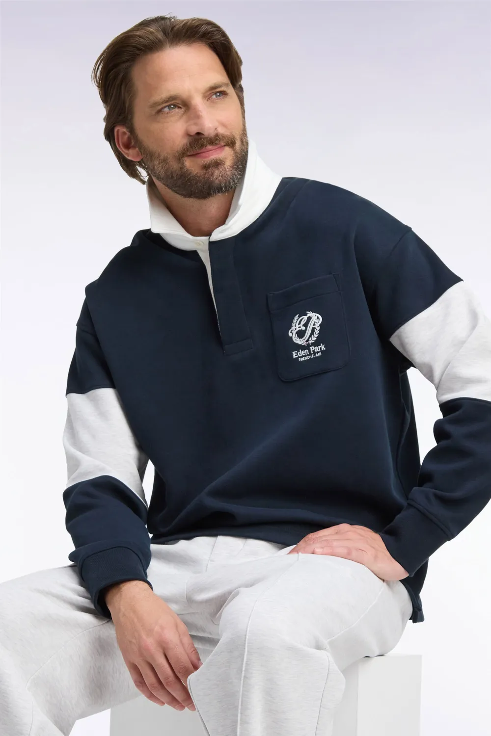 Eden Park Rugby Heritage Sweat Marine Col Maillot Loose