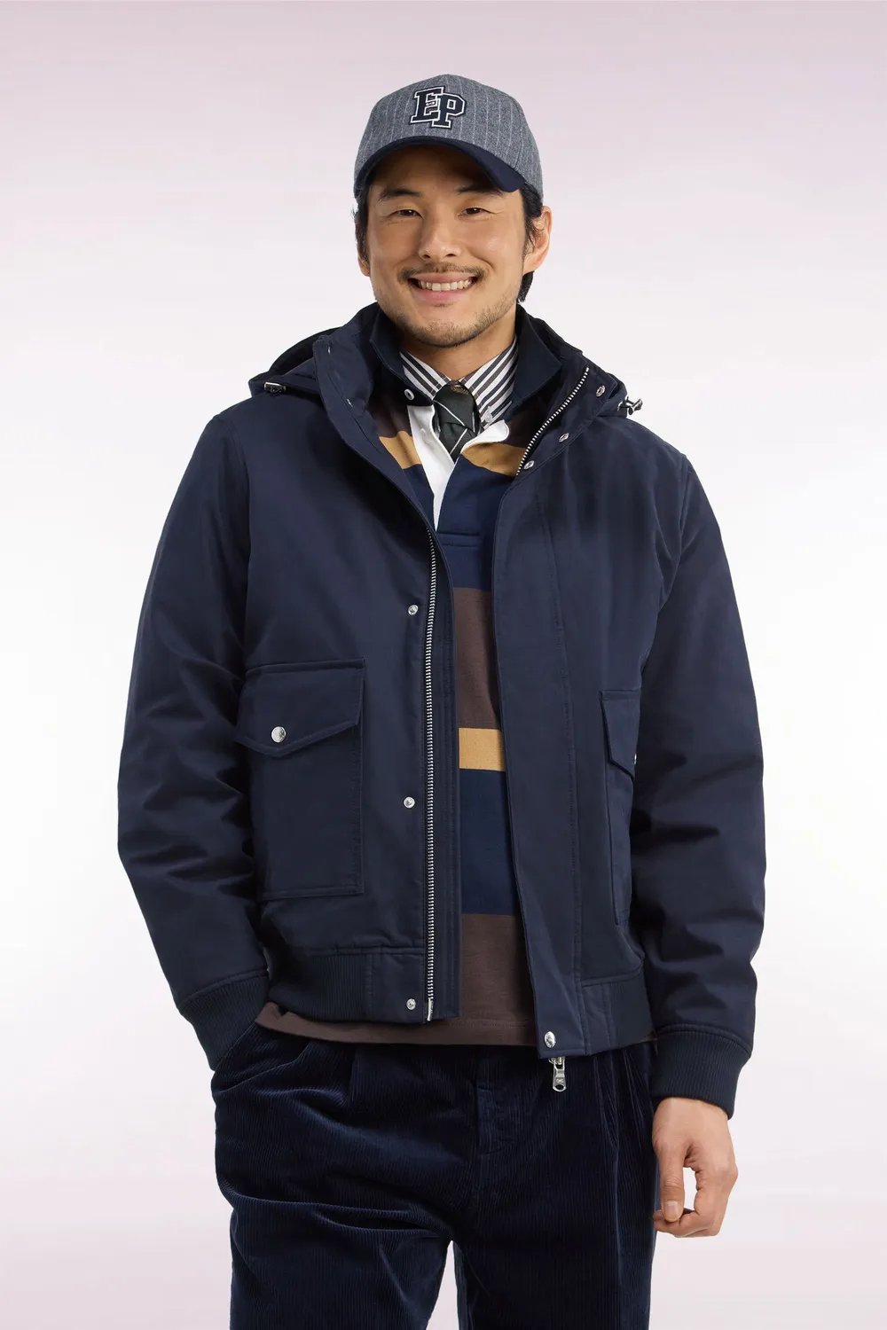 Eden Park blouson bimatière marine capuche amovible coupe droite